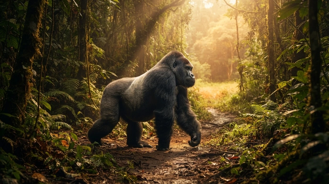 Gorila caminhando em direção à luz na floresta, representando força e superação após esse sonho
