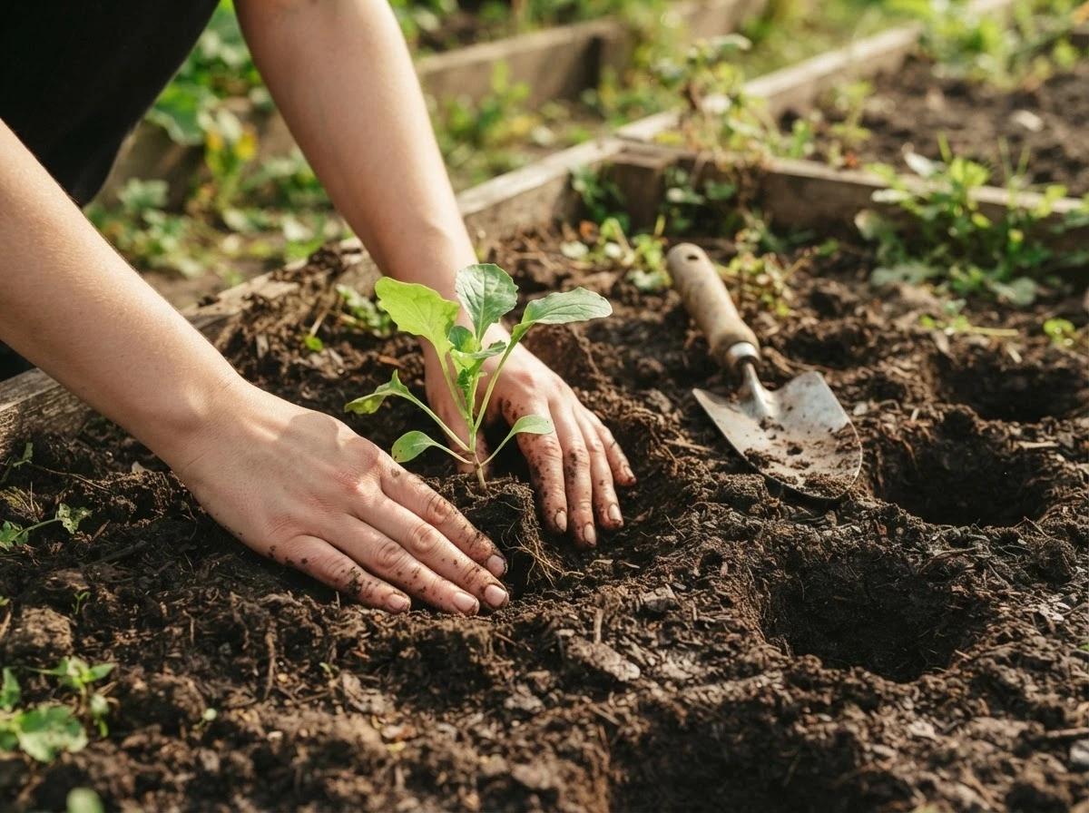 Mãos plantando muda em canteiro de horta, representando o início de um novo projeto