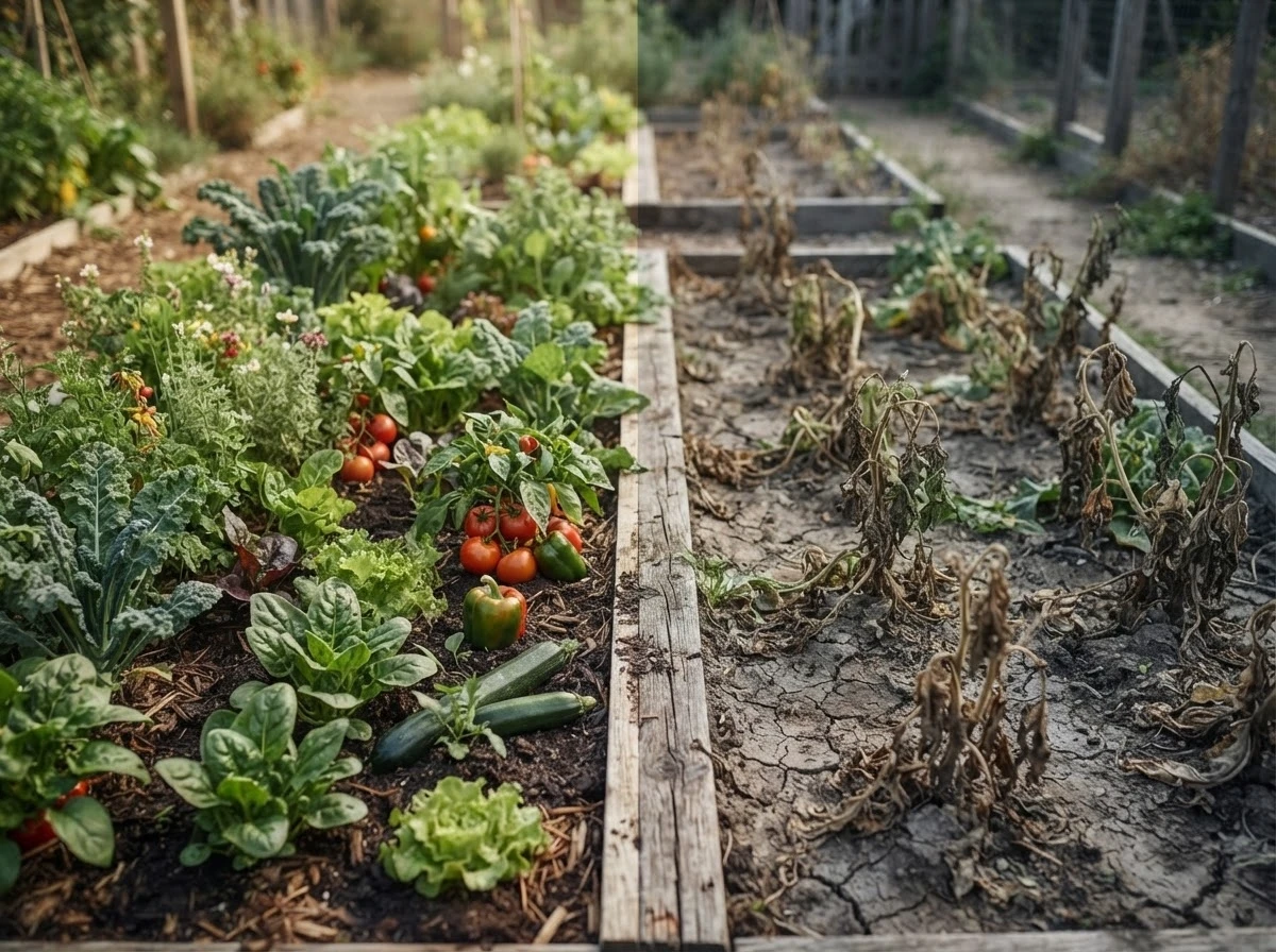 Contraste entre horta verde e viçosa e horta seca e abandonada, simbolizando cuidado e negligência