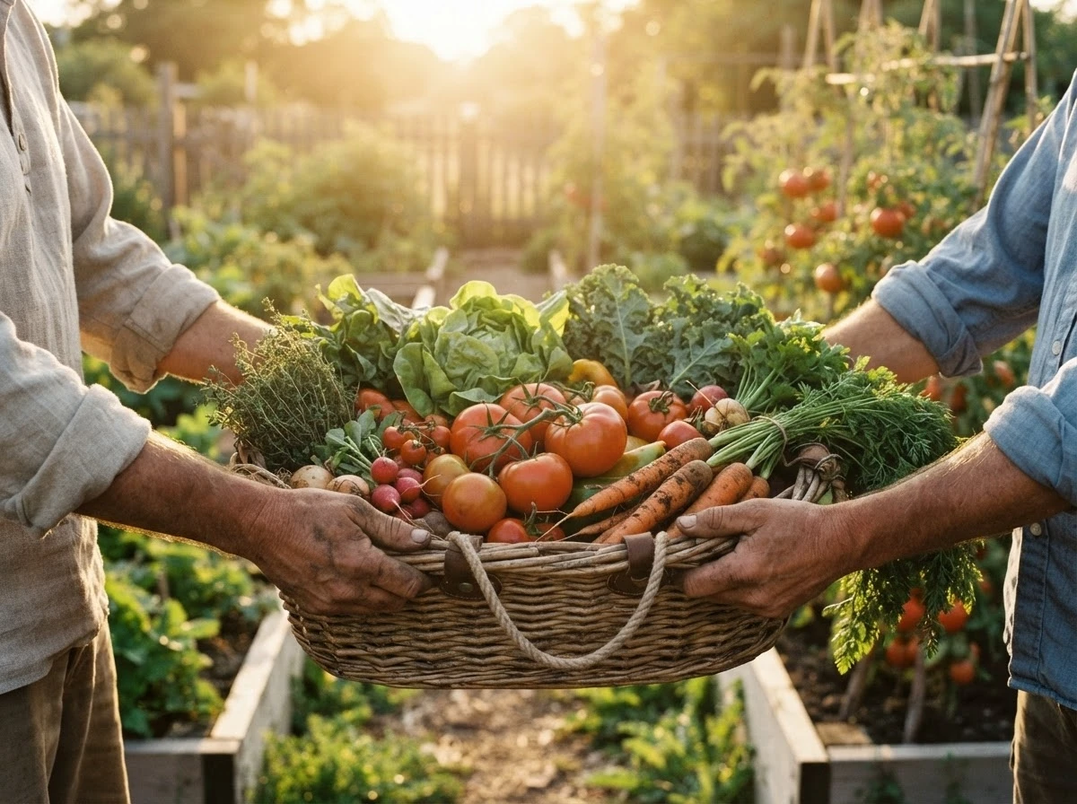 Colheita farta de legumes e verduras ao entardecer, simbolizando recompensa e prosperidade