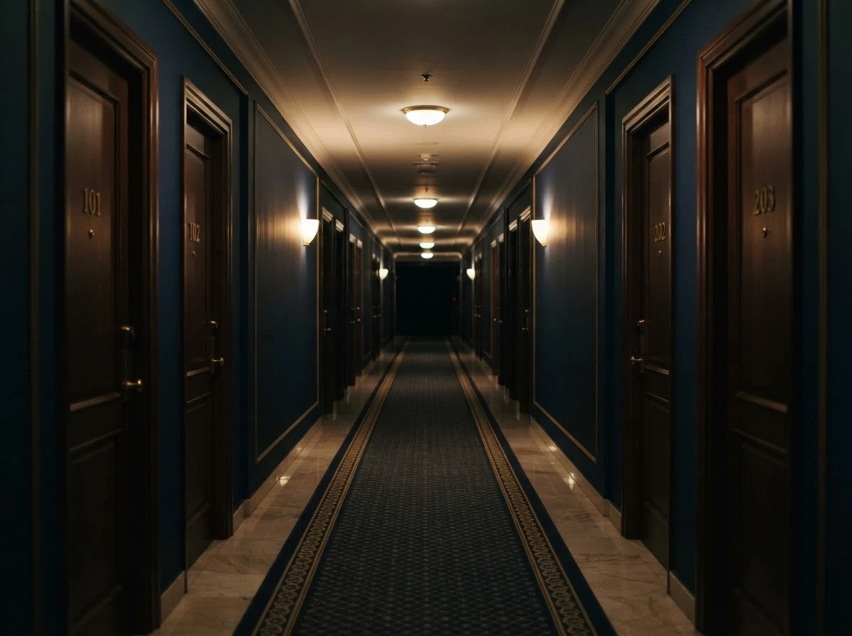 Corredor de hotel com portas idênticas simbolizando a confusão de sonhar perdido no hotel