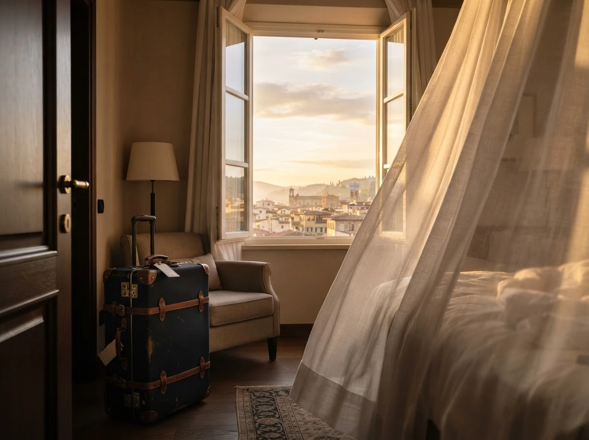 Janela de hotel ao amanhecer com mala pronta, simbolizando o início de uma nova fase
