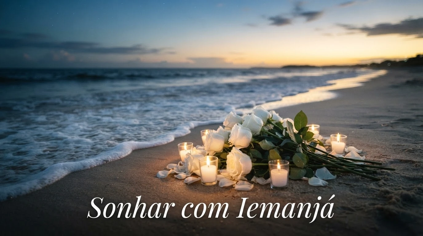 Praia ao entardecer com oferendas de flores brancas simbolizando o significado de sonhar com Iemanjá