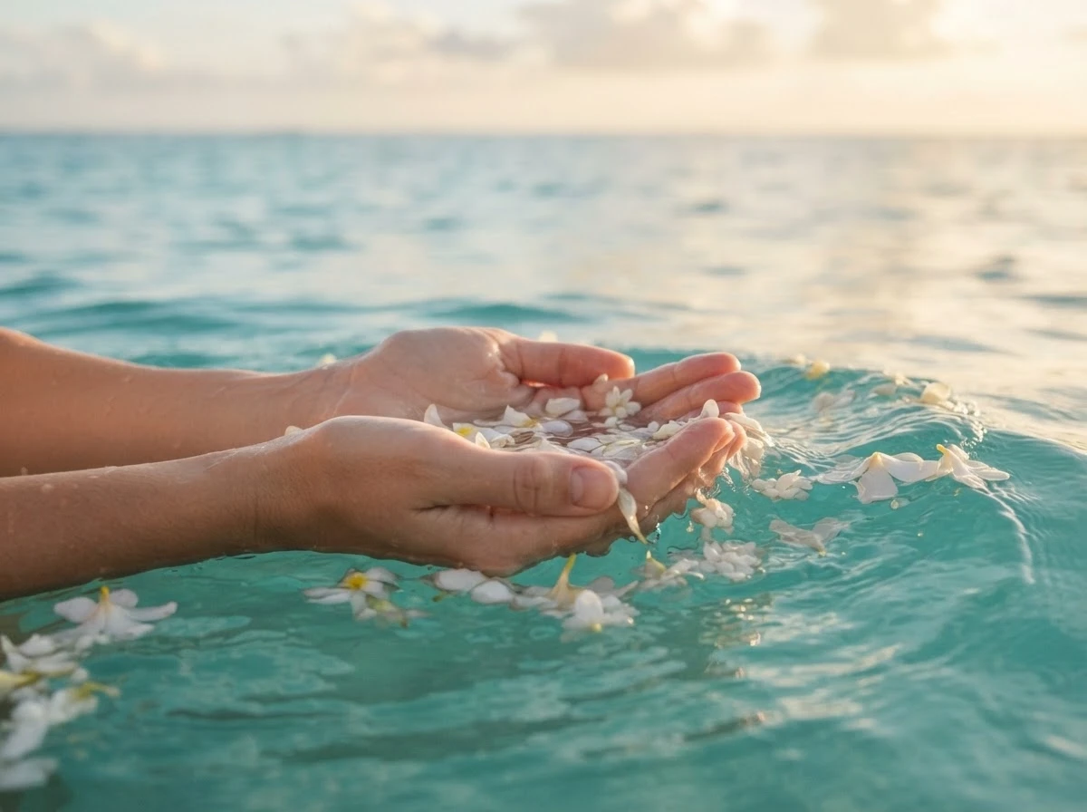 Mãos em concha recebendo água do mar e pétalas brancas, simbolizando o abraço de Iemanjá
