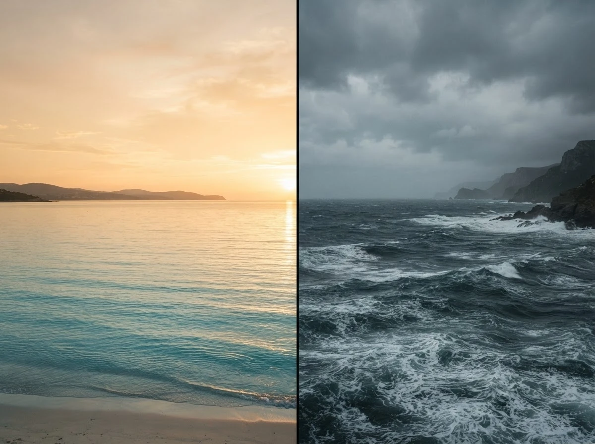 Contraste entre mar calmo e mar agitado simbolizando os estados emocionais de Iemanjá no sonho
