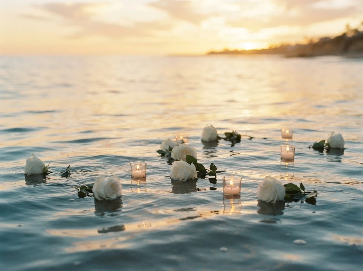 Rosas brancas e velas flutuando no mar ao entardecer, simbolizando gratidão e bênçãos de Iemanjá