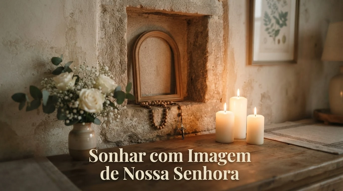 Altar doméstico com velas e rosas brancas simbolizando o significado de sonhar com imagem de Nossa Senhora
