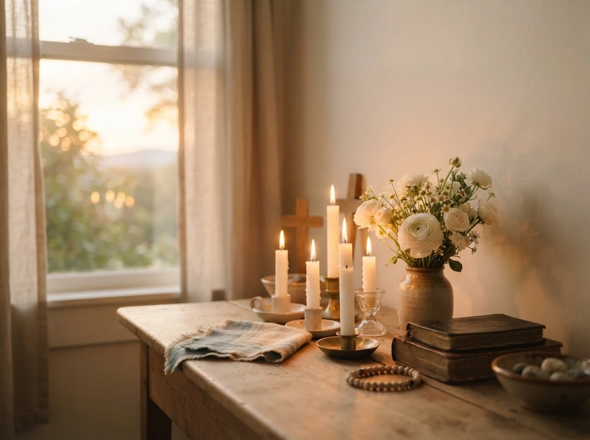 Altar iluminado pelo nascer do sol simbolizando fé renovada e gratidão espiritual