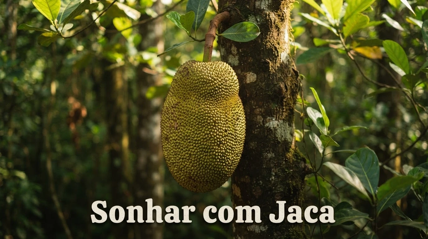 Jaca pendurada na árvore com casca espinhosa simbolizando o significado de sonhar com jaca