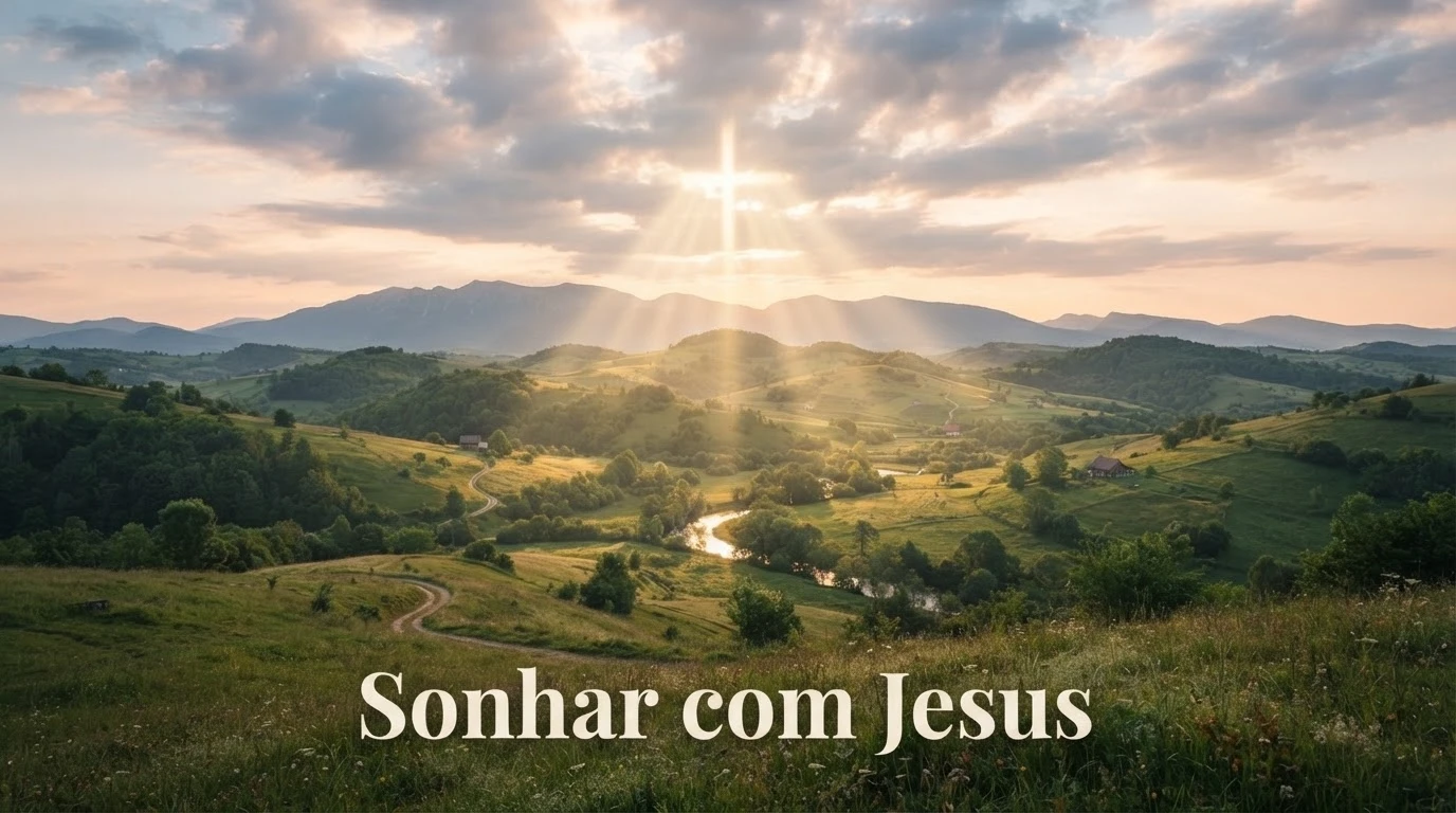 Luz dourada formando um raio em forma de cruz sobre paisagem tranquila, simbolizando proteção divina