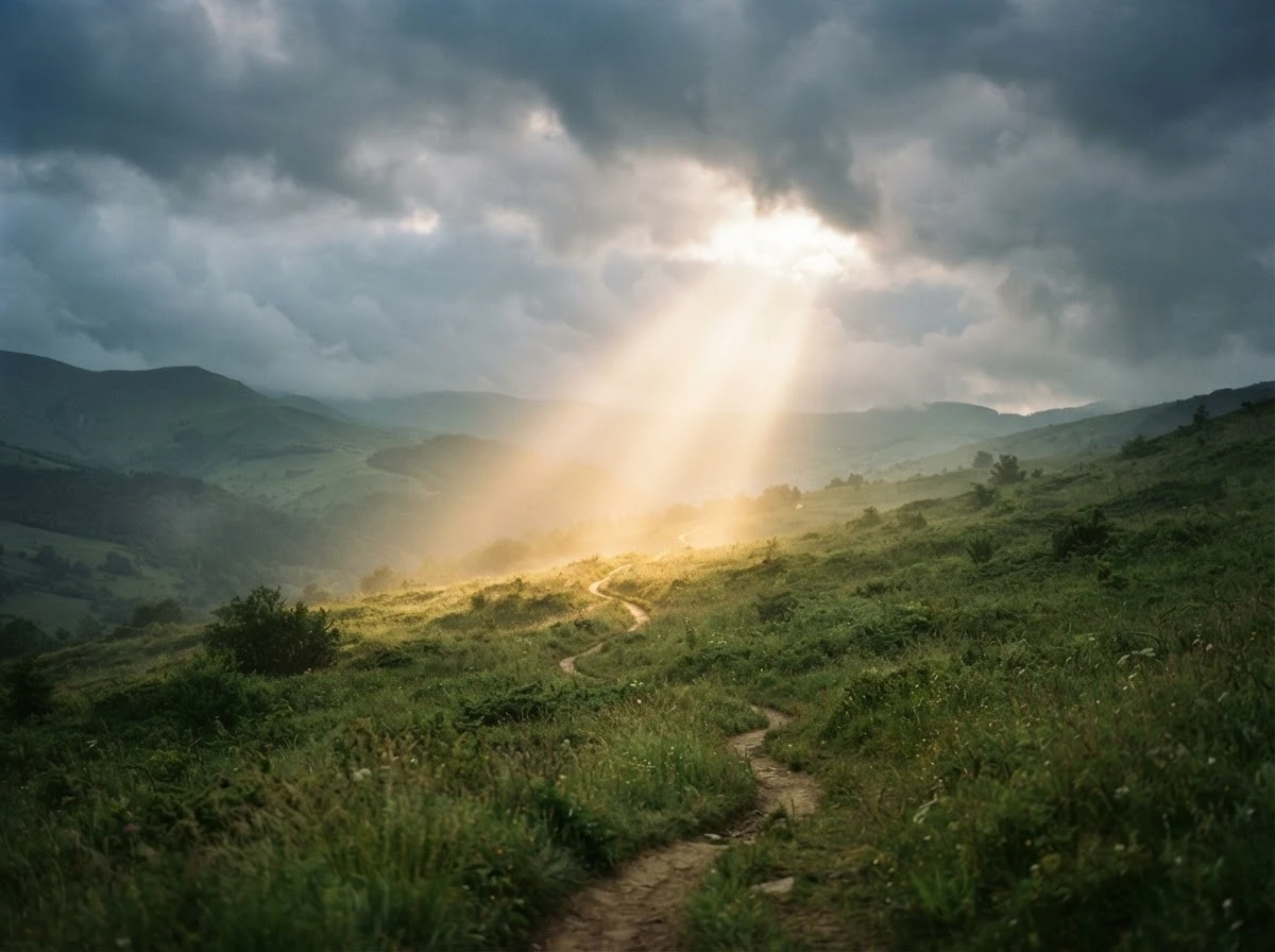 Feixe de luz dourada atravessando nuvens sobre um caminho calmo, representando uma mensagem divina