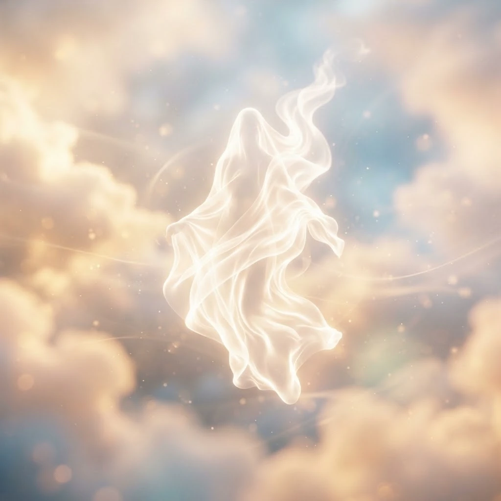 Silhueta luminosa e etérea envolta em luz branca entre nuvens suaves, simbolizando pureza espiritual