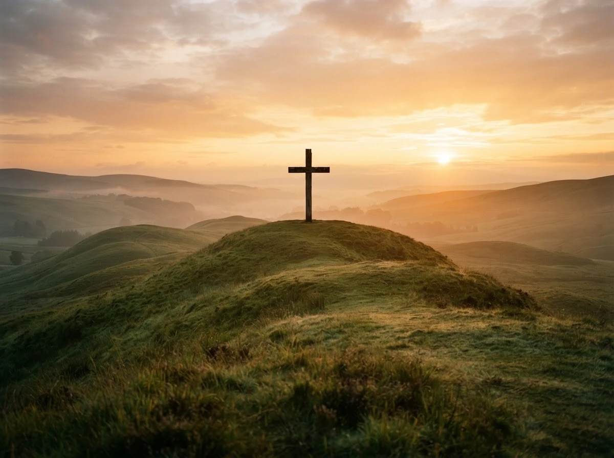 Cruz de madeira em silhueta sobre uma colina ao amanhecer, simbolizando fé renovada e esperança