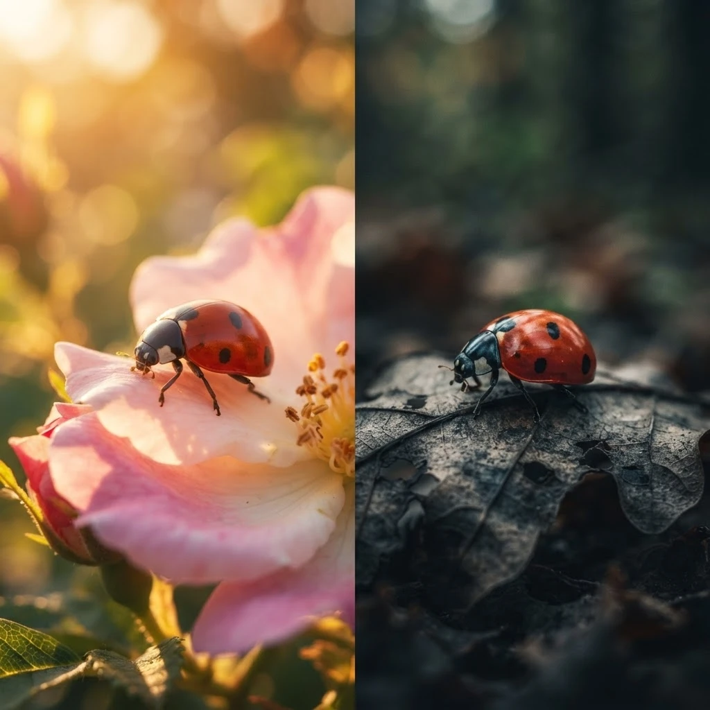 Contraste entre joaninha em flor iluminada e joaninha rastejando em folha seca à sombra