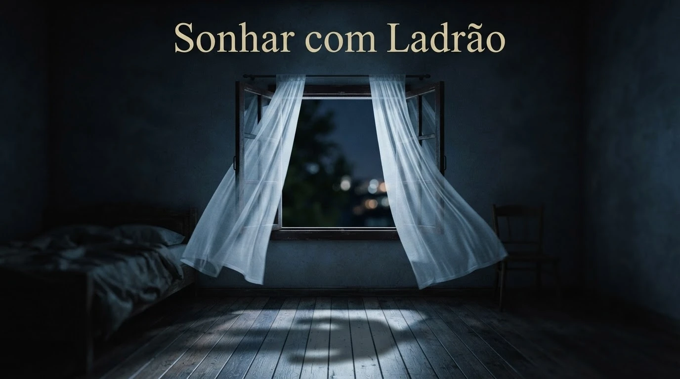 Janela aberta à noite com cortina ao vento e sombra sutil, simbolizando insegurança e medo de perda