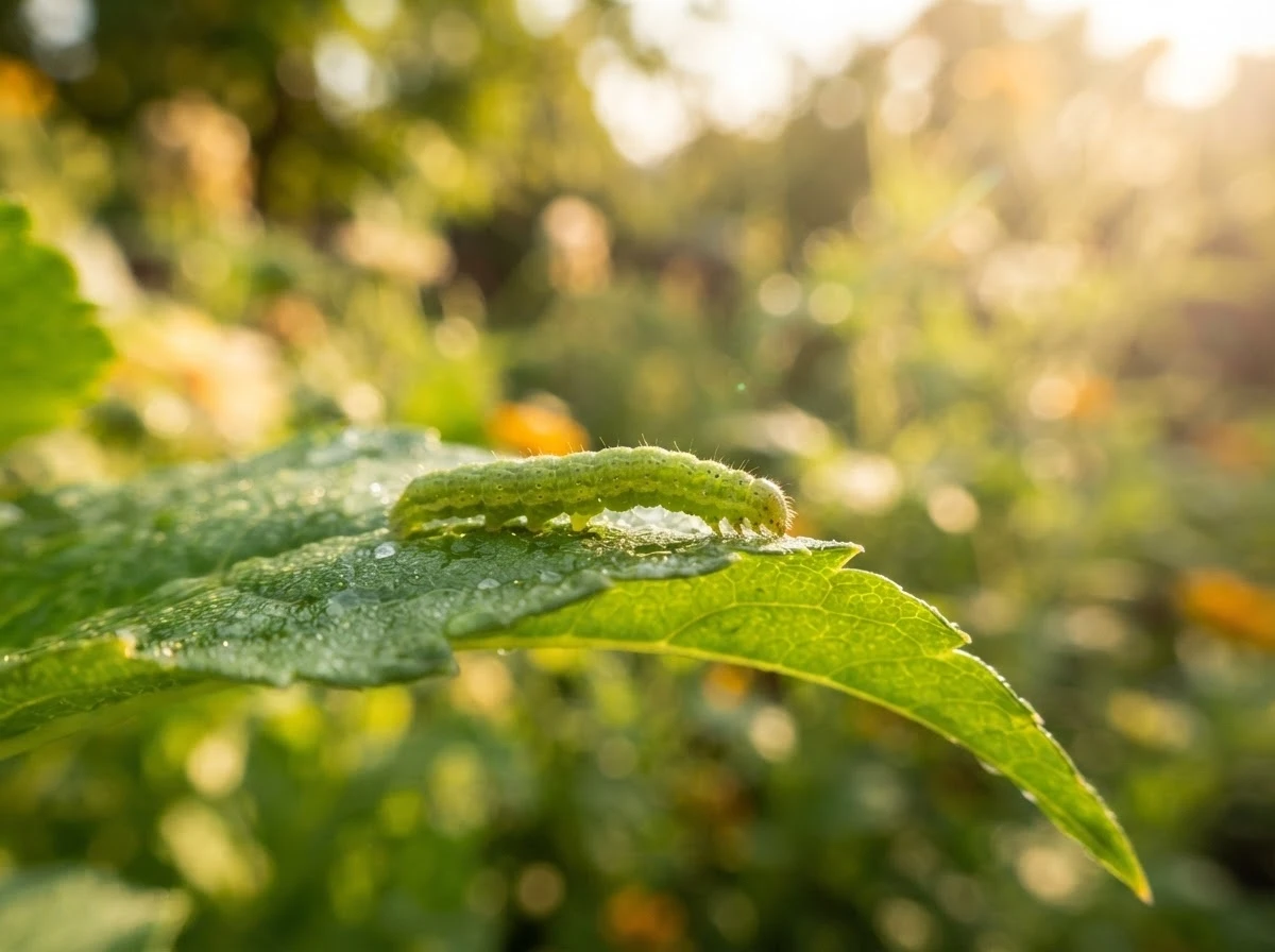 Lagarta verde sobre folha vibrante em jardim, representando um crescimento natural ainda em desenvolvimento