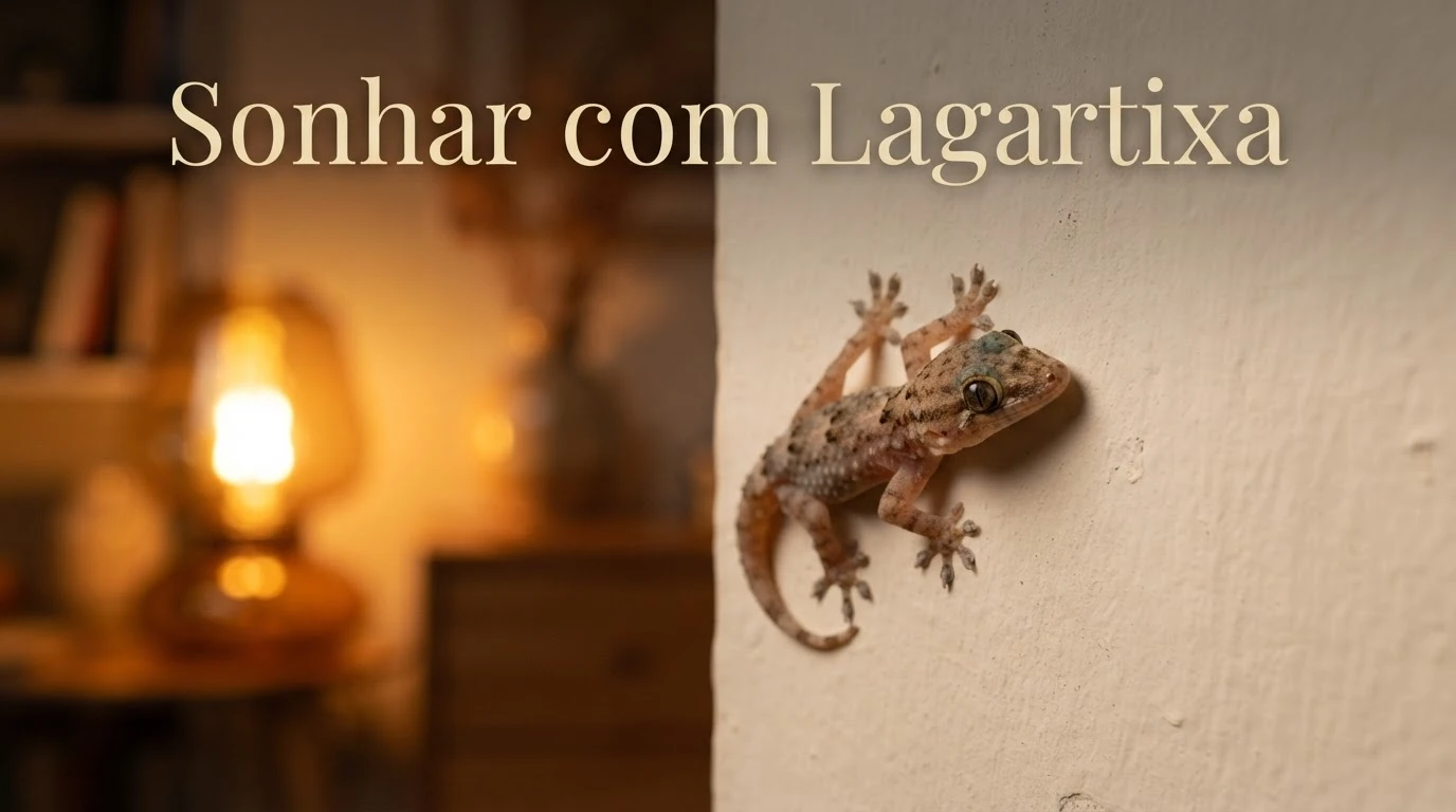 Lagartixa em parede iluminada ao entardecer, símbolo de sorte e proteção do lar