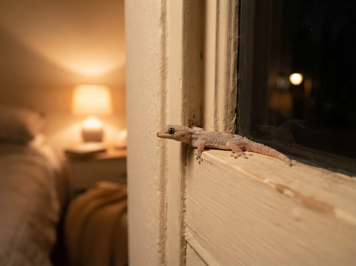 Lagartixa perto da janela em quarto aconchegante à noite, representando proteção do ambiente doméstico