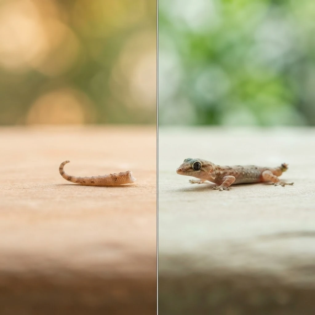 Cauda de lagartixa se soltando de um lado e cauda se regenerando do outro, simbolizando desapego e recomeço