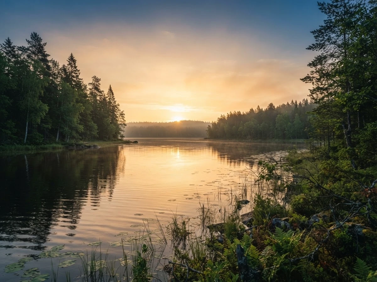 Nascer do sol dourado sobre lago tranquilo cercado de árvores, simbolizando renovação e esperança