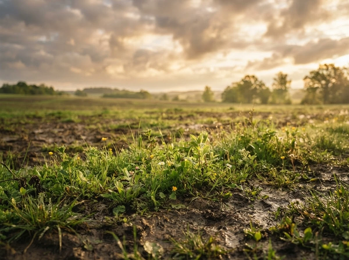 Luz do sol atravessando nuvens sobre campo de lama que se transforma em vegetação verde, simbolizando renovação