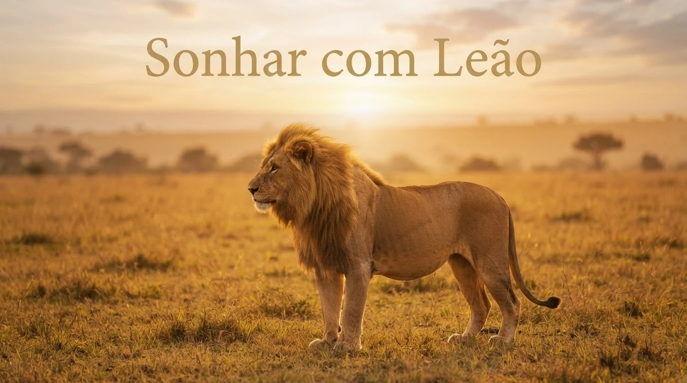 Leão majestoso ao pôr do sol simbolizando força interior e liderança nos sonhos