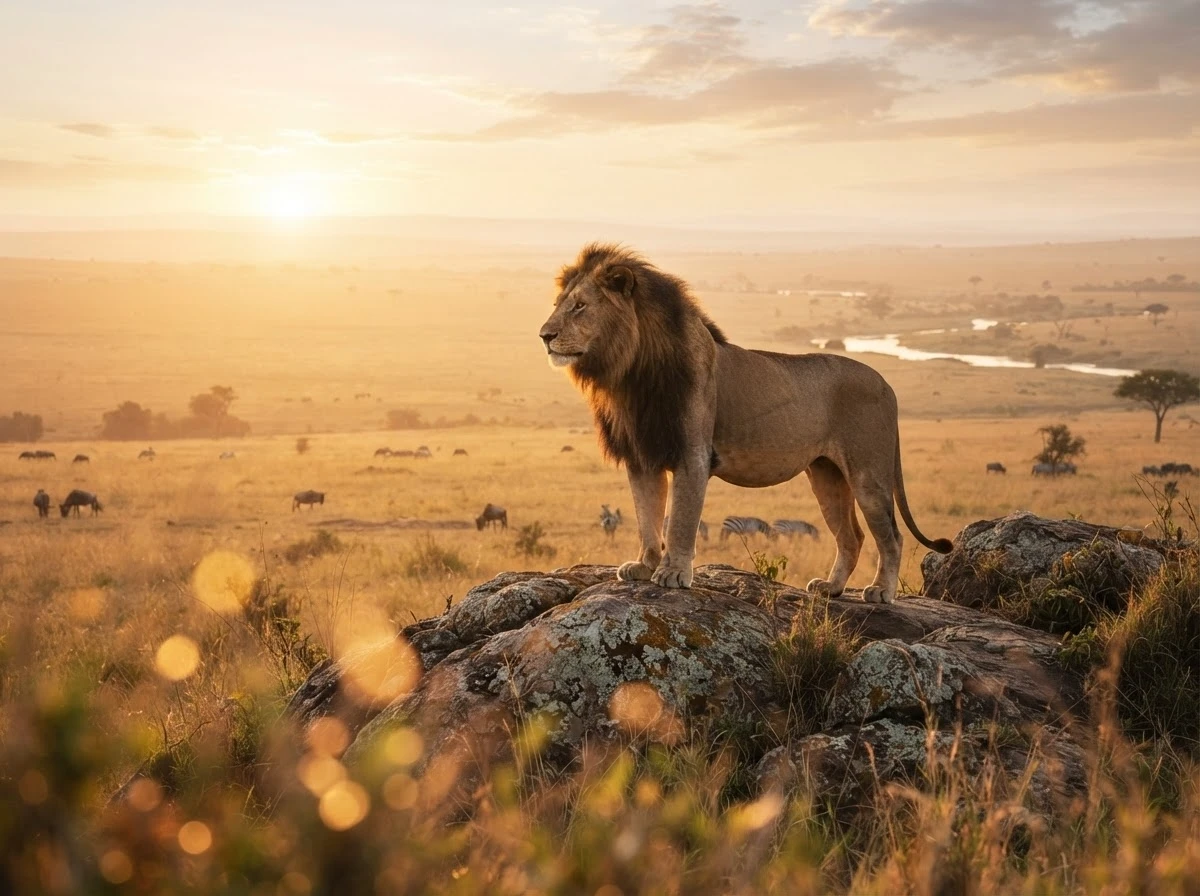 Leão observando o horizonte ao amanhecer simbolizando coragem para novos começos