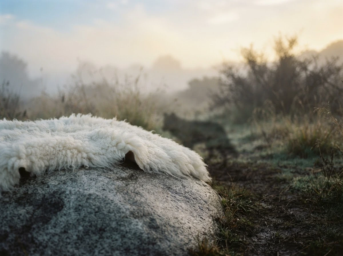 Lã branca com sombra escondida simbolizando o alerta bíblico do lobo em pele de cordeiro