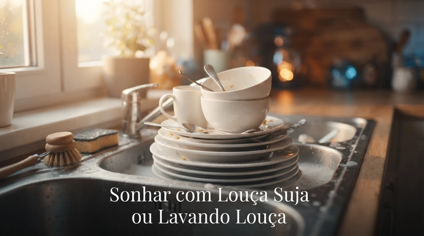Louça suja acumulada na pia simbolizando tarefas e emoções pendentes na vida do sonhador