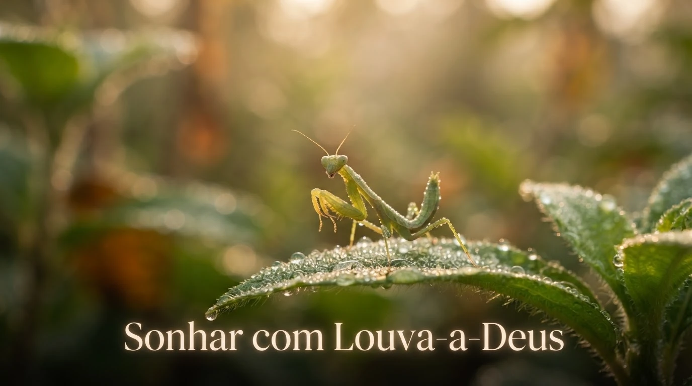 Louva-a-deus verde pousado em folha ao amanhecer, símbolo de paciência e espiritualidade nos sonhos.