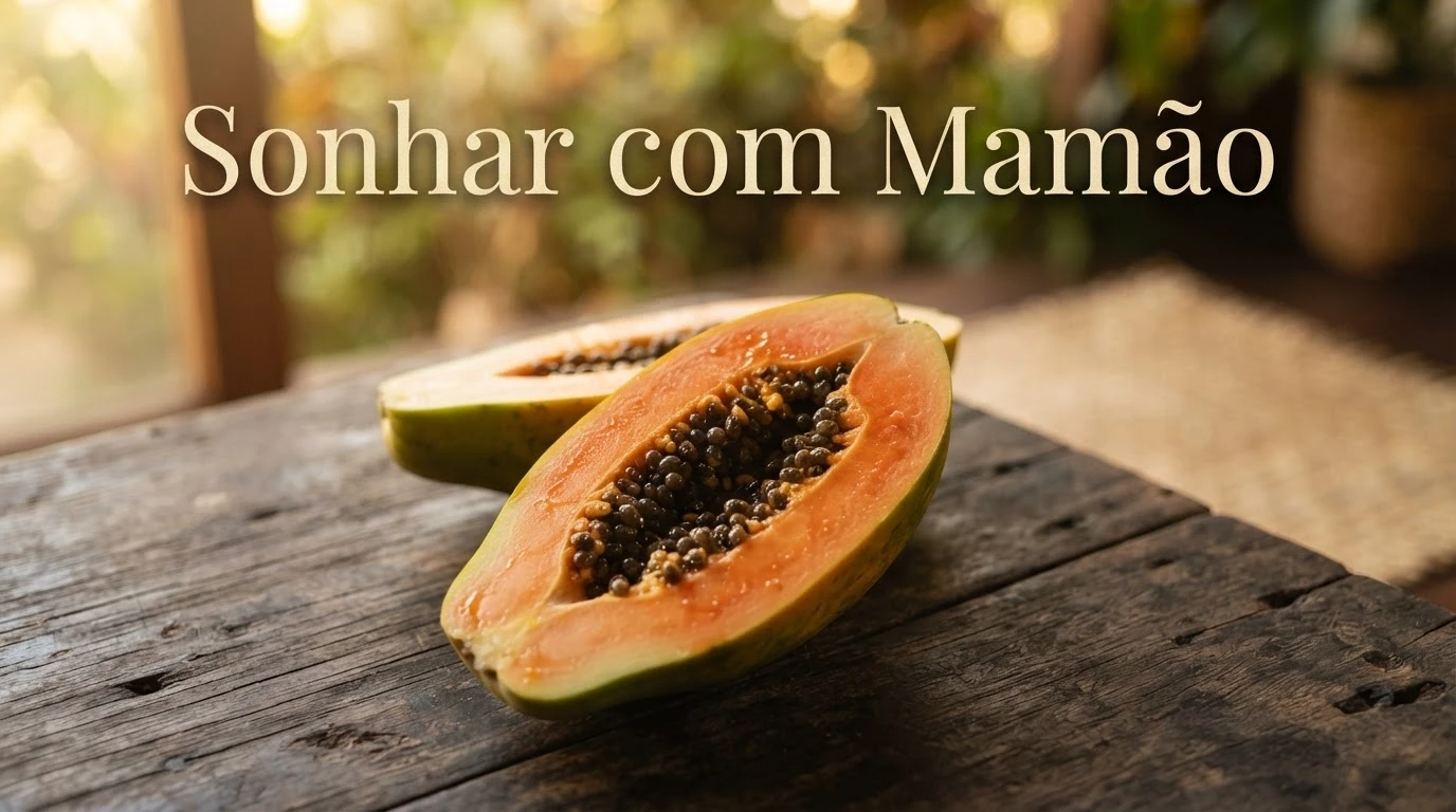 Mamão maduro cortado ao meio revelando a polpa alaranjada, símbolo de saúde e prosperidade no sonho.