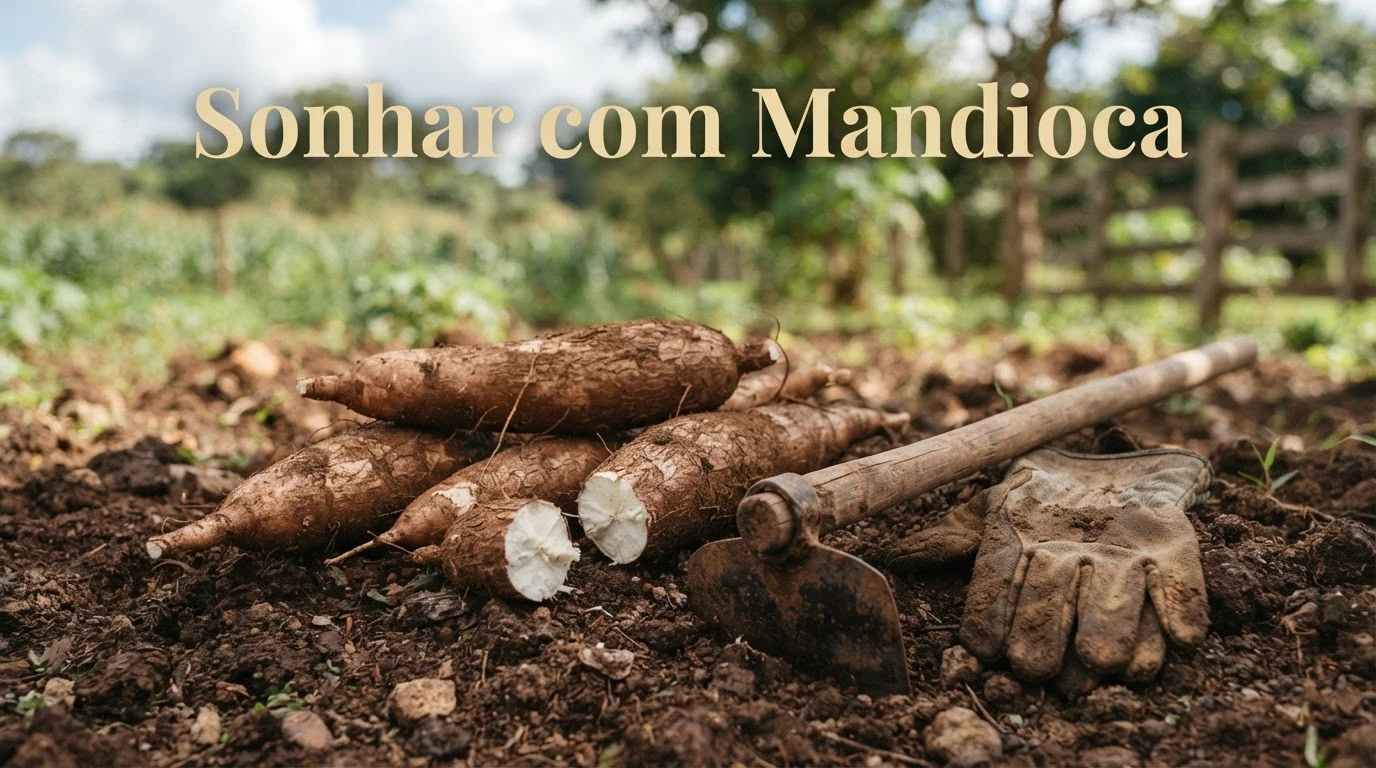 Raízes de mandioca recém-colhidas sobre a terra, simbolizando o sustento e as raízes exploradas no sonho.