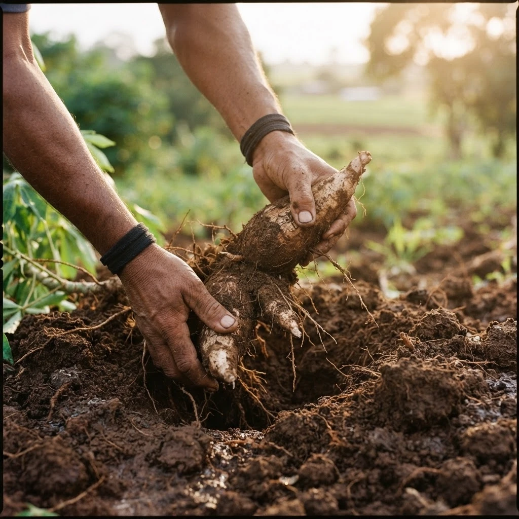 Mãos arrancando uma mandioca grande da terra, representando a recompensa por um esforço feito em silêncio.
