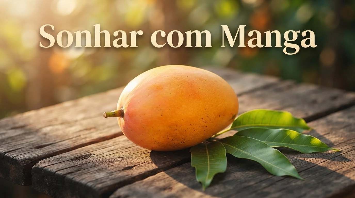 Manga madura sobre mesa de madeira, símbolo de doçura, prazer e abundância no sonho.