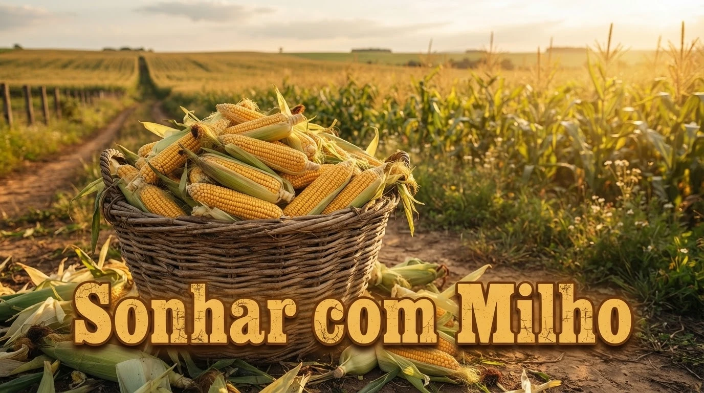 Cesta de espigas de milho dourado à beira de uma plantação, símbolo de fartura e prosperidade.