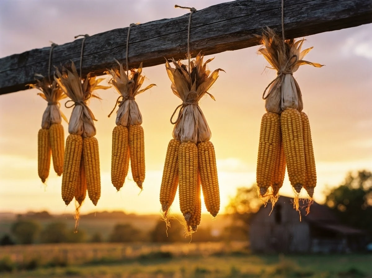 Espigas de milho penduradas para secar ao pôr do sol, símbolo de recompensa e celebração coletiva.