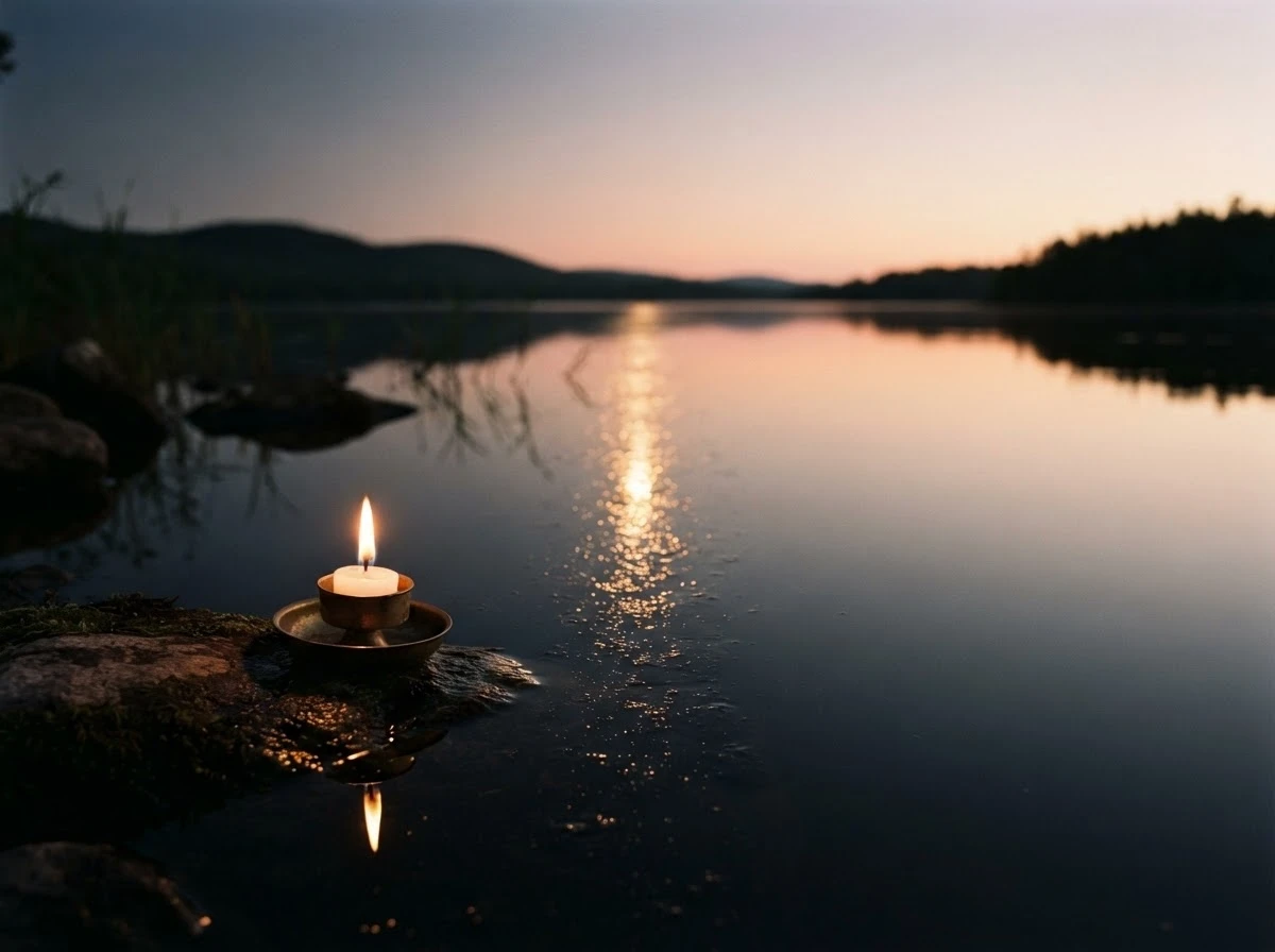 Chama de vela refletida na água ao amanhecer, simbolizando renovação após sonhar com morte