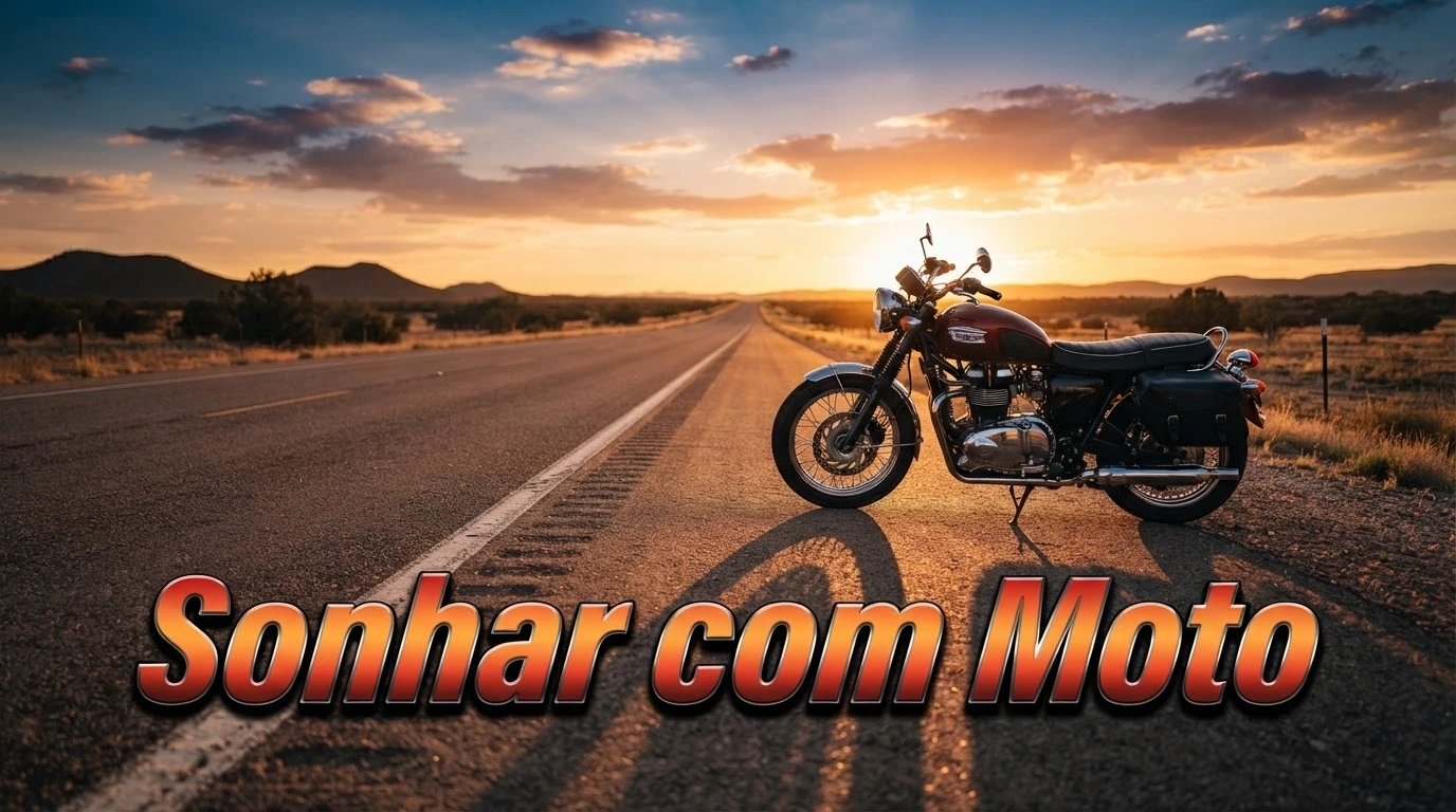 Moto estacionada em estrada aberta ao entardecer, representando o significado de sonhar com moto