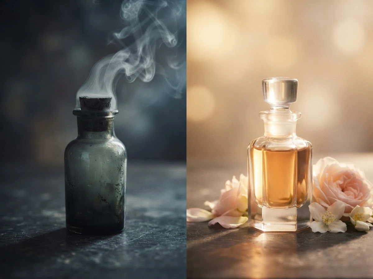 Frasco com névoa escura e frasco de perfume iluminado, representando mau cheiro e bom cheiro no sonho
