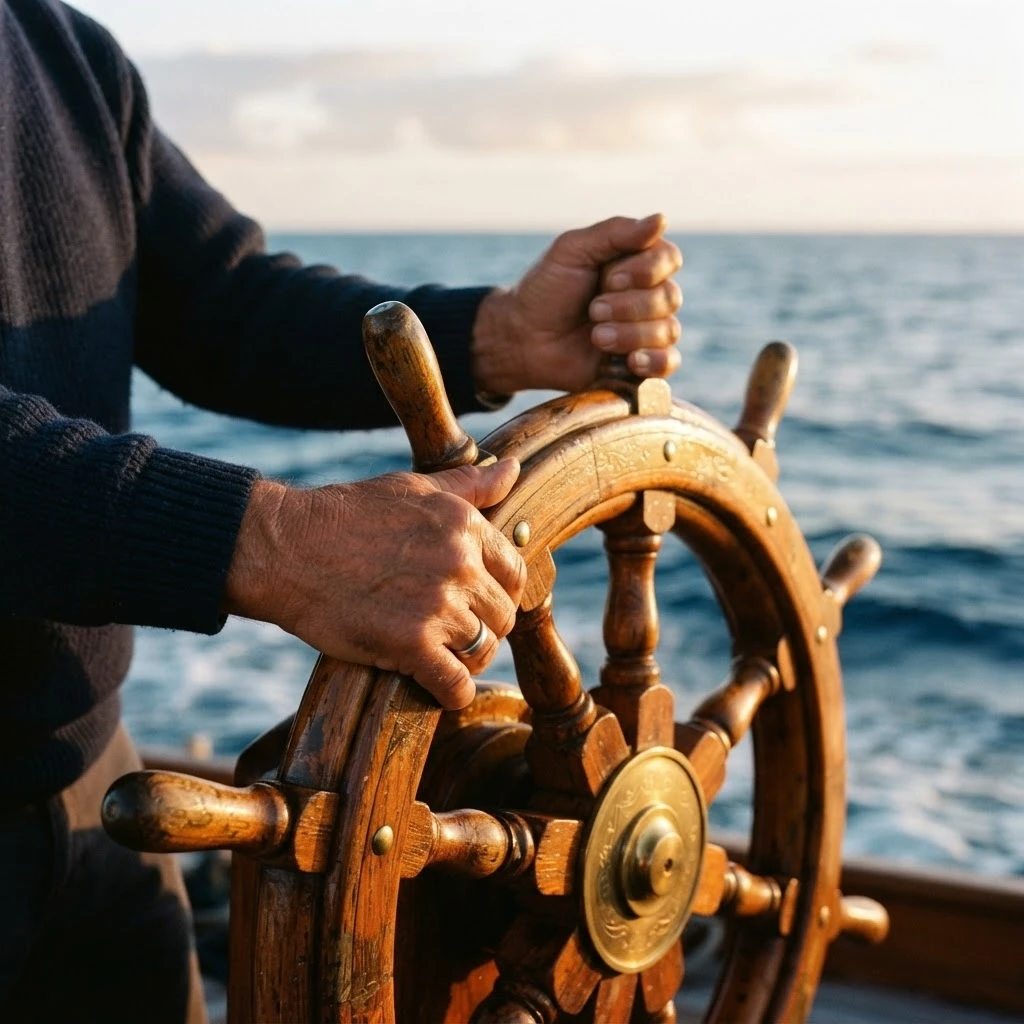 Mãos no leme de um navio, ilustrando o significado de sonhar sendo o capitão do navio