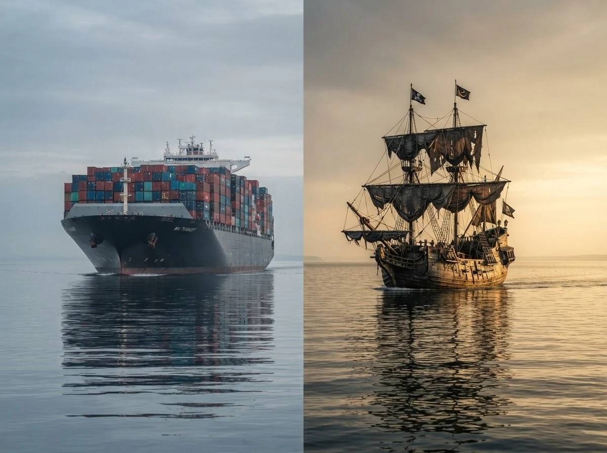 Navio cargueiro e navio pirata lado a lado, representando os diferentes tipos de navio em sonhos