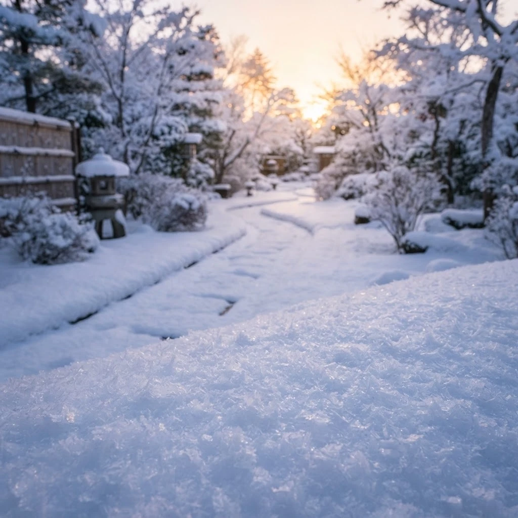 Neve fresca cobrindo um caminho ao amanhecer, ilustrando o significado de sonhar com neve caindo