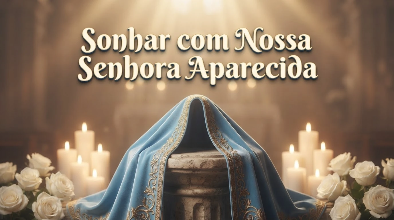 Manto azul e velas acesas simbolizam a fé e a proteção de Nossa Senhora Aparecida nos sonhos.