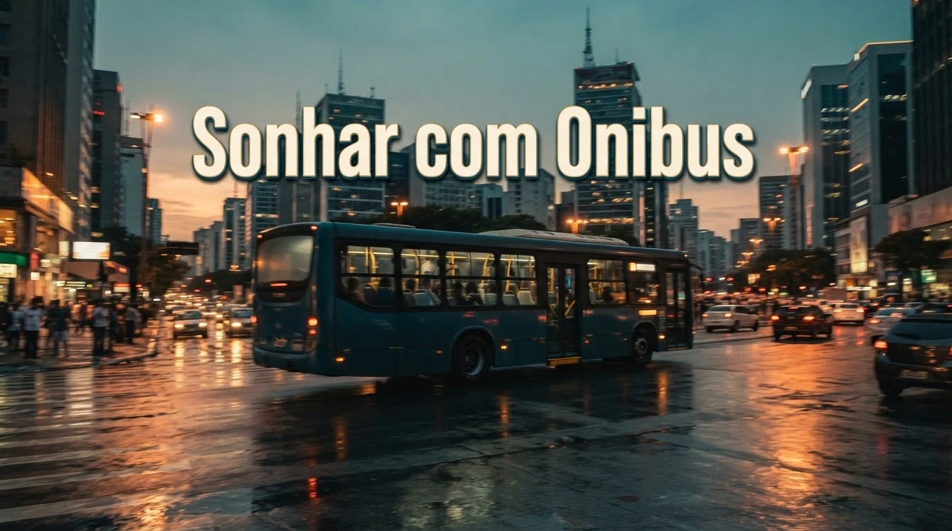 Ônibus em movimento pela cidade ao entardecer simboliza a jornada coletiva desse sonho.