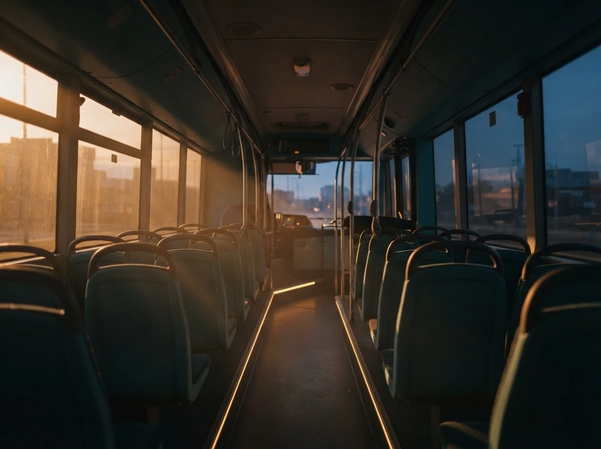 Interior de ônibus vazio e iluminado remete à jornada espiritual e coletiva da alma nesse sonho.