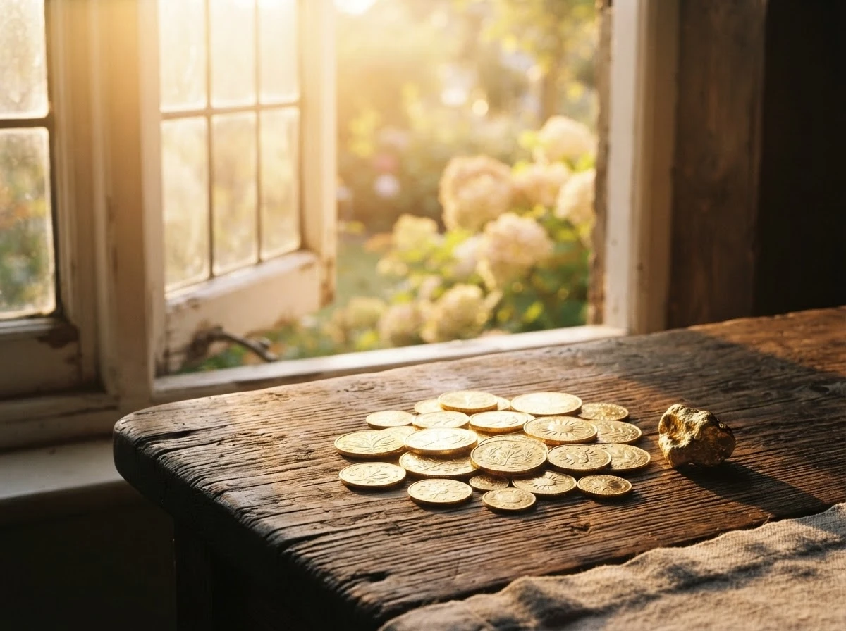 Luz dourada iluminando moedas de ouro simboliza a prosperidade que esse sonho pode anunciar.