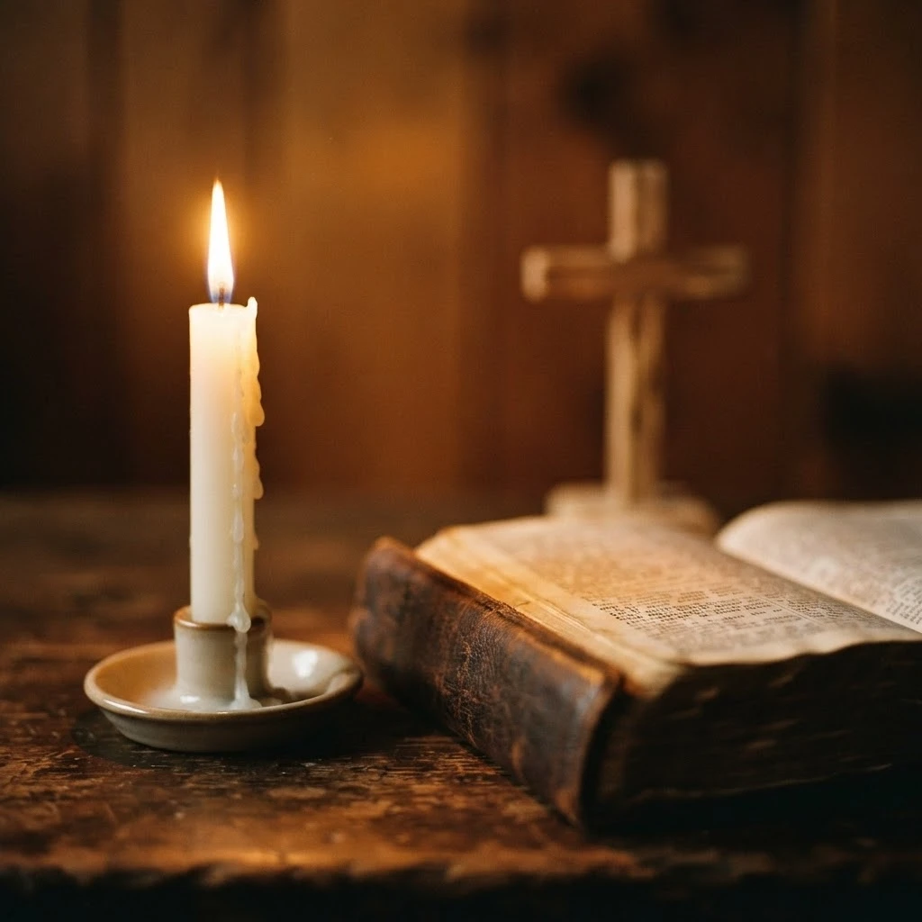 Vela acesa perto de uma cruz de madeira simboliza o alívio emocional buscado na confissão.