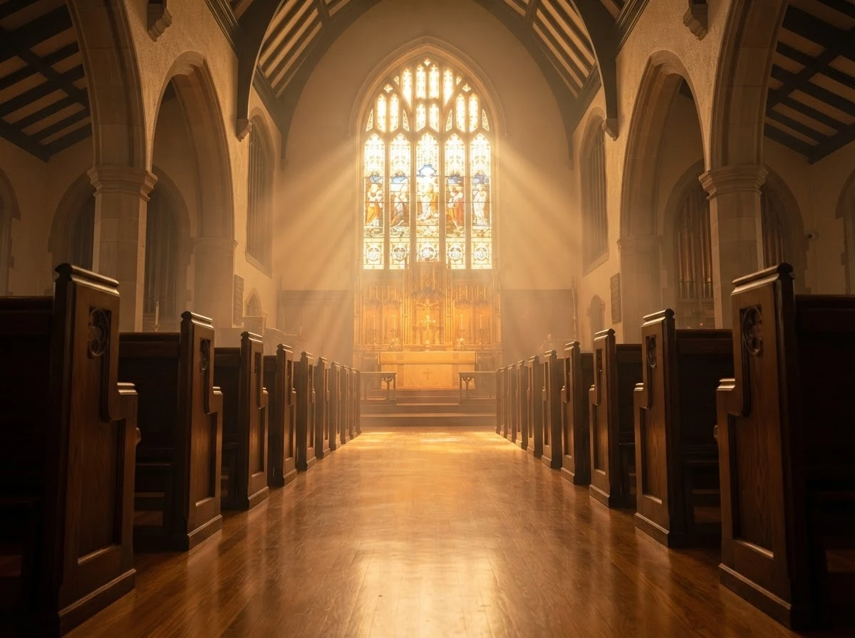 Luz solar atravessando a janela da igreja simboliza a orientação e a esperança desse sonho.