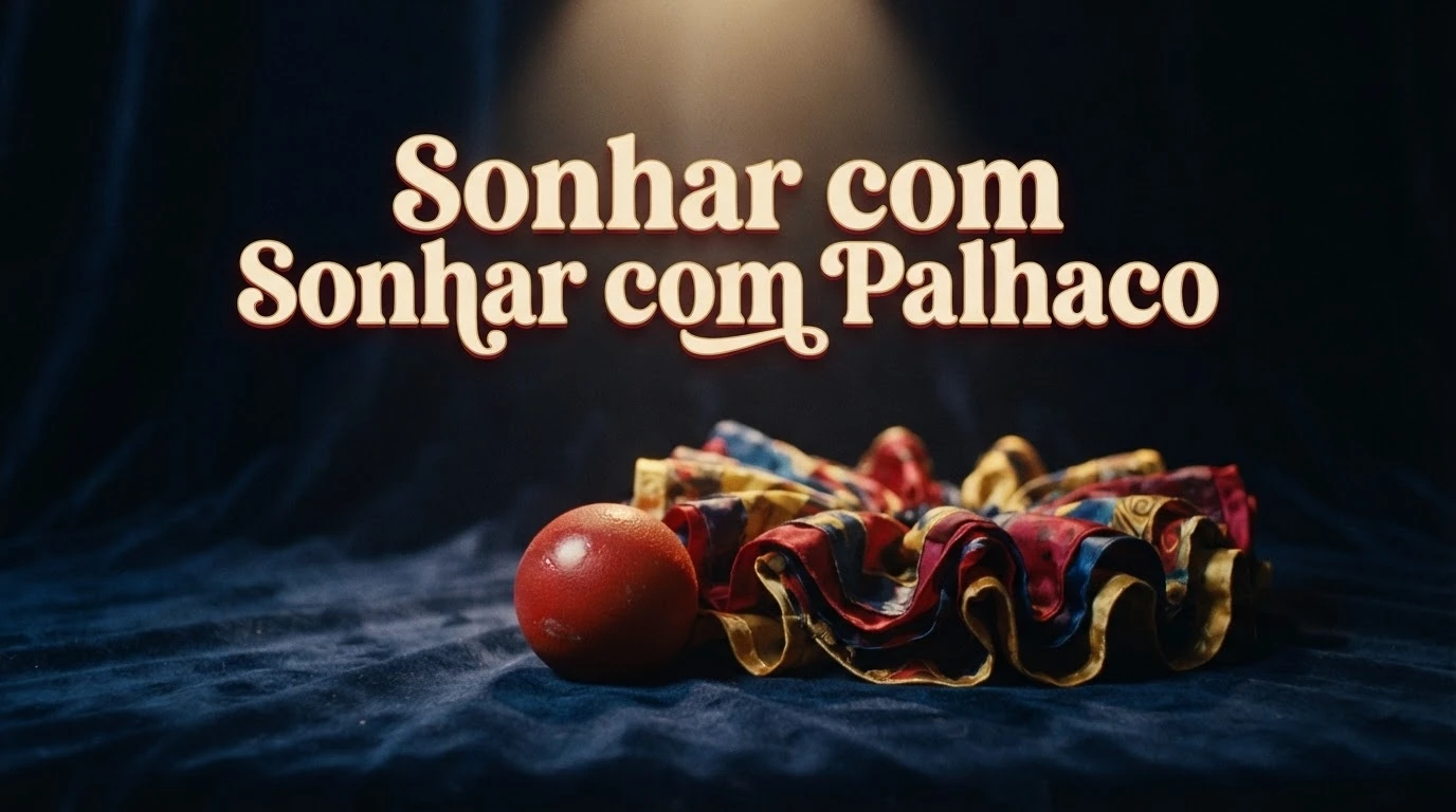Nariz vermelho e gola colorida sob luz de palco simbolizam a dualidade de sonhar com palhaço.