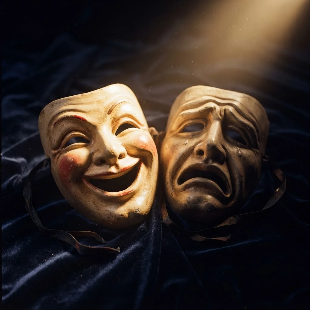 Máscaras de sorriso e tristeza lado a lado representam o disfarce emocional desse sonho.